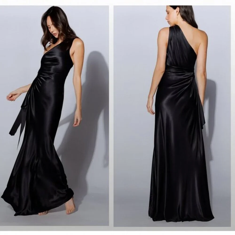 Meshki Calliope One Shoulder Maxi Dress Black Women's Size XS Satin Drape Formal